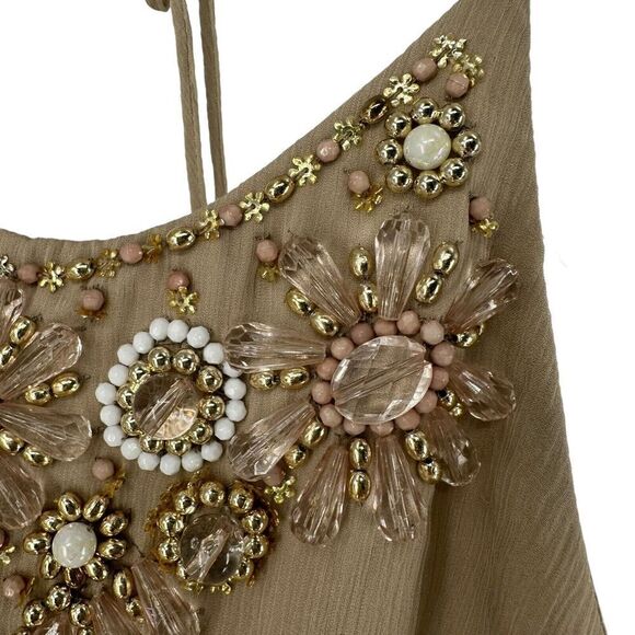 Milly Silk Beaded Halter Dress Knee Length Beige Formal Size 2 Party Cocktail - Picture 4 of 15